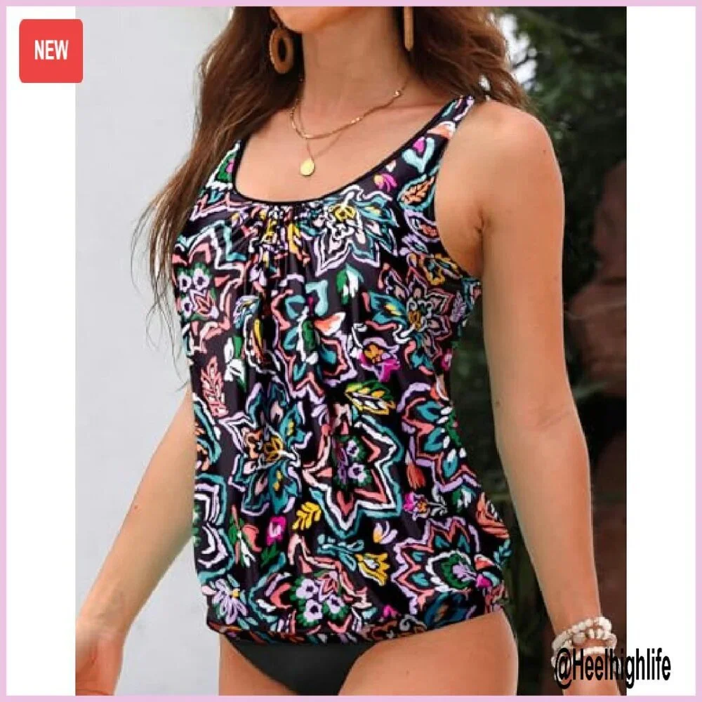 Blouson Tankini Top Loose Fit Modest Swimwear Adjustable Straps - Picture 6 of 8